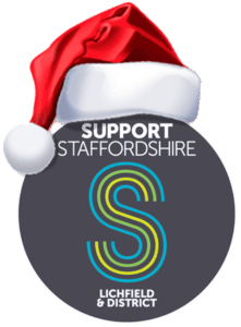 Support Staffordshire Lichfield and District logo with red santa hat with fluffy white trim