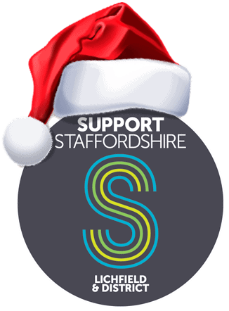 Support Staffordshire Lichfield and District logo with red santa hat with fluffy white trim