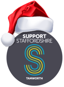 Support Staffordshire Tamworth logo with red santa hat with white fluff trim