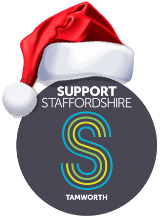 Support Staffordshire Tamworth logo with red santa hat with white fluff trim
