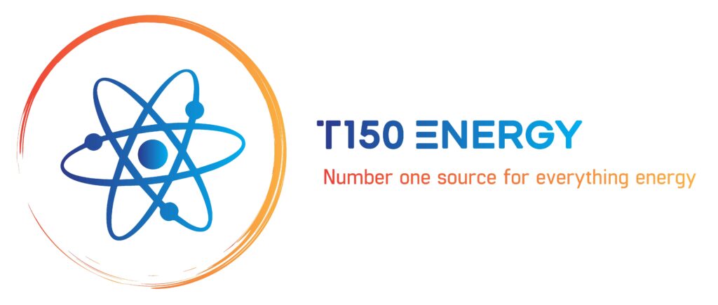 Logo with atomic symbol and text "T150 ENERGY - Number one source for everything energy."